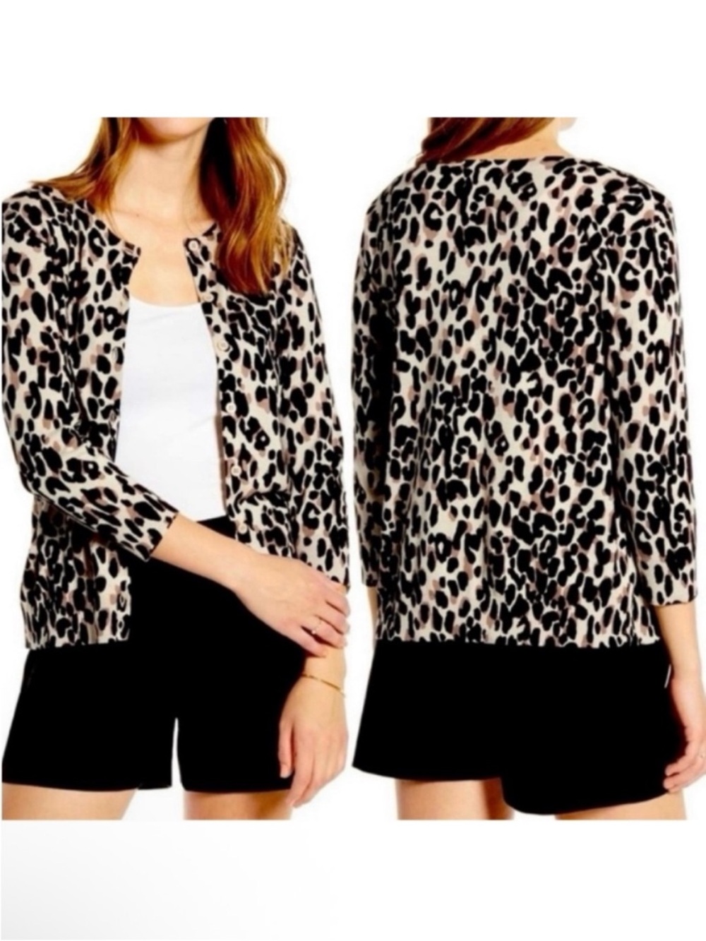 1901- Cotton Blend Cardigan in Black/ Beige Leopard Print. Size: XXL